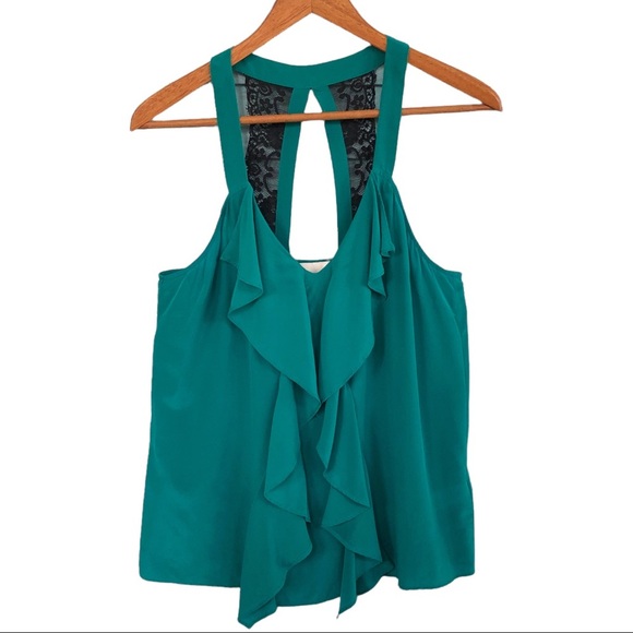 Aryn K 100% Silk Halter Tank with Waterfall Ruffles & Lace Back Medium - Picture 11 of 11